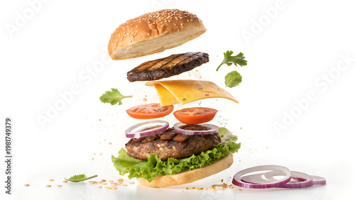 dynamic flying ingredients burger concept on isolated white background