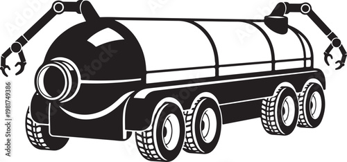 Industrial robotic tanker truck, mechanical vehicle, black and white illustration, futuristic transport