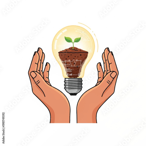 Hands cradling a lightbulb with a small plant growing from soil.