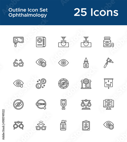 Ophthalmology outline icon set for eye care medical UI. Retinal scan and eye diagnosis line icons