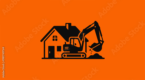 House Demolition with Excavator Machine.