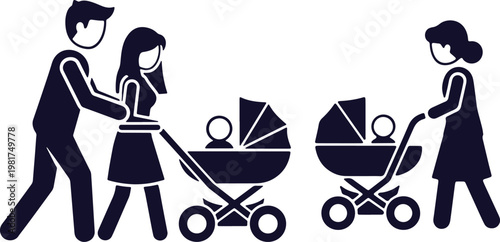 Illustration of parents pushing strollers with babies inside