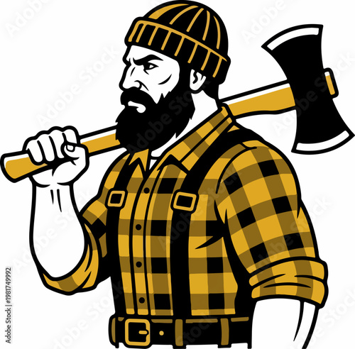 Lumberjack man with axe on shoulder.