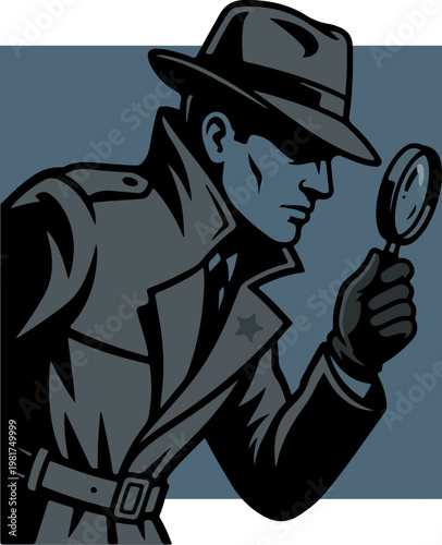 Man in fedora holding magnifying glass.