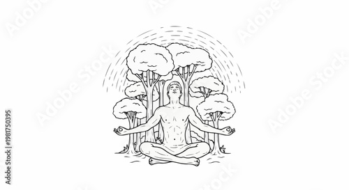 Man meditating peacefully amidst lush trees under a radiating sun