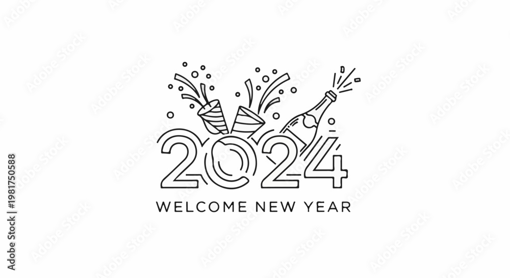 Fototapeta premium Line art celebrating the new year with confetti poppers and a champagne bottle