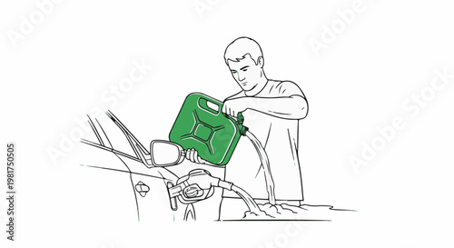 Man pours fuel from a green jerrycan into a car