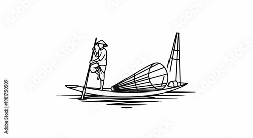Man with conical hat fishes from boat with net and sail