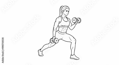 Line drawing of a woman performing dumbbell lunges with one arm curled