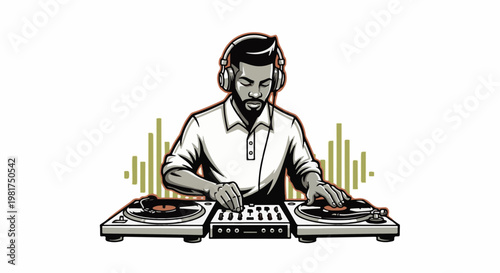 Man with headphones mixing music on turntables with equalizer graphic