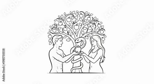 Man, woman, snake entwined around tree, offer apples from branches