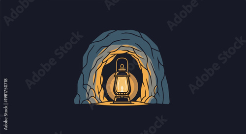 Lit lantern illuminates cave entrance in pixel art style
