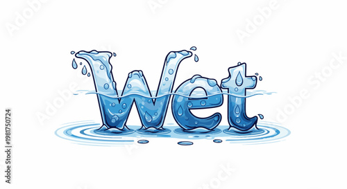 Liquid letters spell out 'Wet', submerged in water with ripples