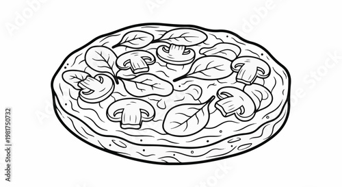 Line art drawing of a round pizza with mushroom and spinach toppings