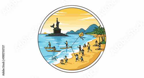 Lively beach scene with people enjoying water sports, kite flying, and yoga