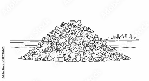 Massive landfill waste pile, with a distant city skyline across water