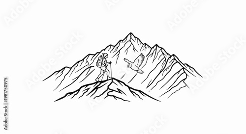 Lone hiker on mountain peak with bird soaring nearby