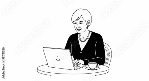 Mature woman in a cafe, working on a laptop, with a cup of coffee