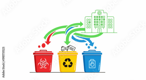 Medical facility waste management separation into biohazard, recycling, and general bins