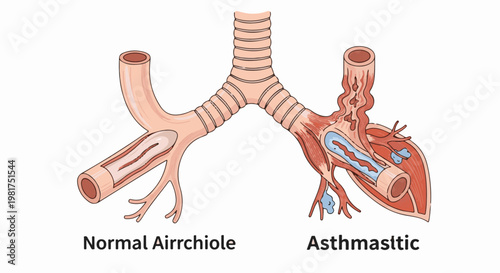 Medical illustration comparing normal and constricted airways with respiratory conditions