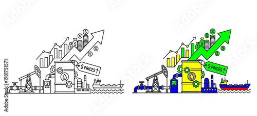 Oil Industry Growth Split Design Black and White and Color with Rising Arrow Illustration