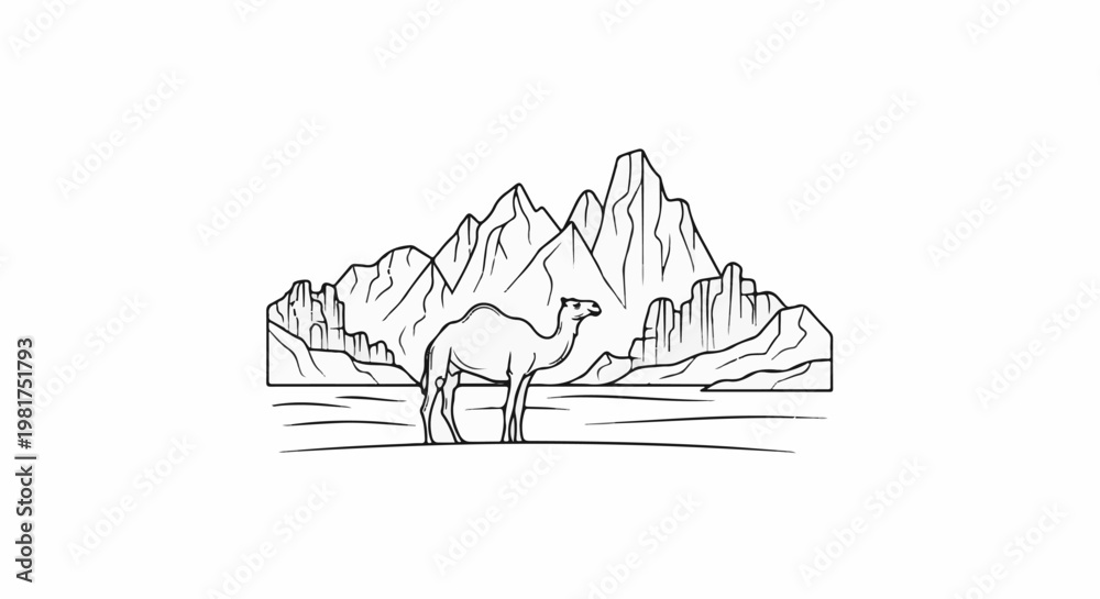 Naklejka premium Line art of a camel standing in a desert landscape with mountains