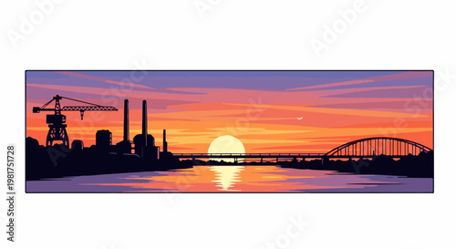 Industrial waterfront cityscape at sunset with vibrant orange and purple skies