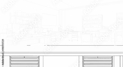 Industrial workshop with benches, shelves, tools, and storage cabinets