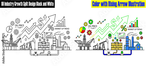 Oil Industry Growth Concept Split Style Black and White and Color Uptrend Illustration