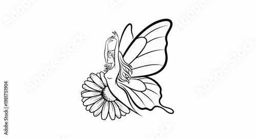 Line art of a fairy with butterfly wings emerging from a flower