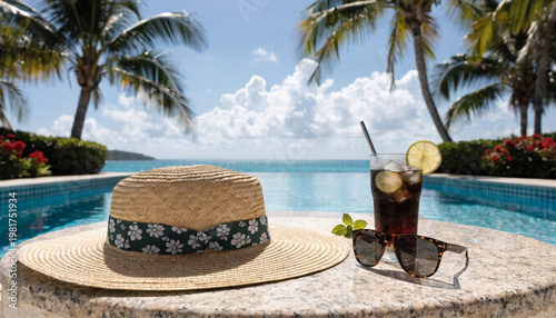 Summer hat and refreshing drink by poolside with ocean view  