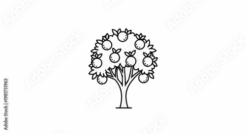 Line art of a fruit tree laden with round fruits and leaves