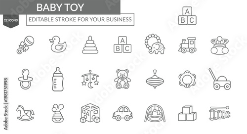 Baby Toy Icons Set – Nursery and Toddler Line Art Collection, Editable Stroke Vector