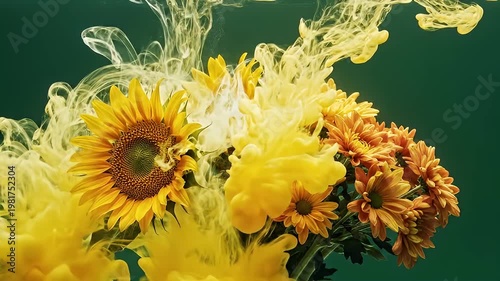 Wallpaper Mural Vibrant yellow orange flowers with dissolving ink in dark water Torontodigital.ca