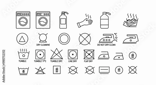 Laundry care symbols for washing, drying, ironing, and cleaning