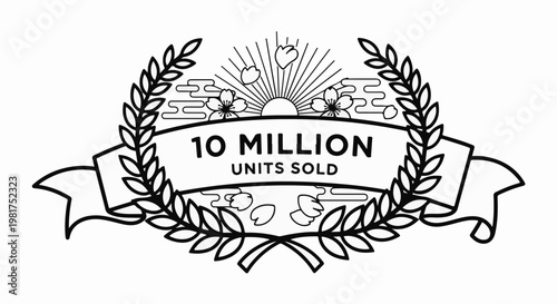 Laurel wreath emblem with sunburst, clouds, cherry blossoms, and text