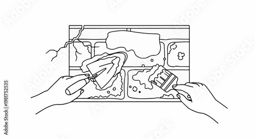 Hands applying grout to a cracked stone wall with tools