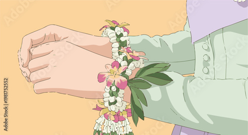 Hands adorned with a vibrant floral garland, softly held together