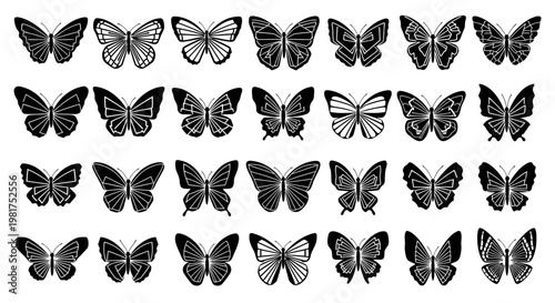 Collection of various butterfly silhouettes on white background.