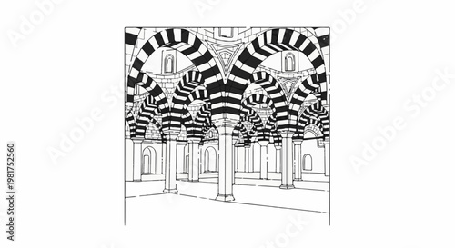 Interior of an ancient hall with many columns and striped arches