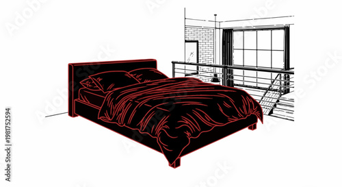 Interior sketch of a loft bedroom with a prominent bed and large window