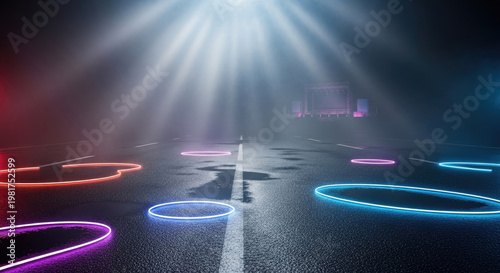 A dark road with vibrant neon lights and a spotlight shining down