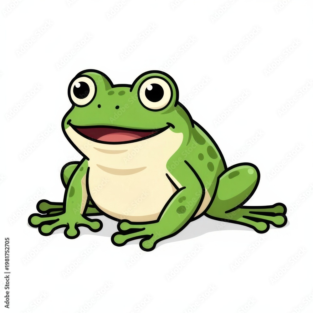 Obraz premium Cheerful green cartoon frog sitting on white background for kids design and education
