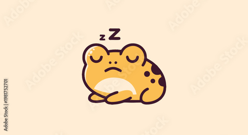 Adorable cartoon frog sleeping peacefully with closed eyes on beige background.