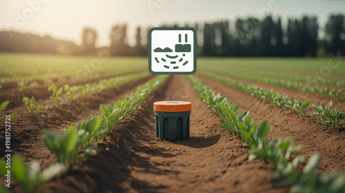 Smart Farming Sensor Device In Agricultural Field With Tractor Icon For Technology Concepts