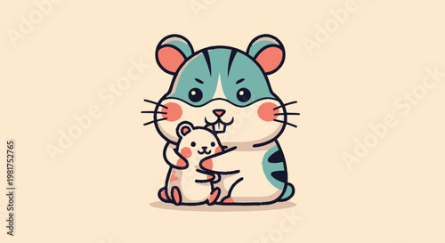 Adorable cartoon hamster hugging a smaller hamster, cute illustration.