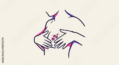Illustration of a person's chest area with skin spots and hands