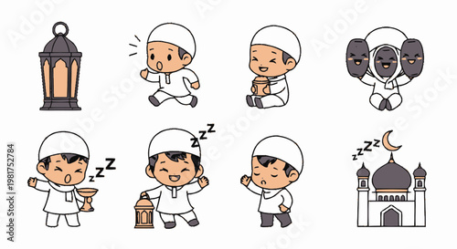 Adorable Cartoon Illustrations of Muslim Children and Mosque for Ramadan.