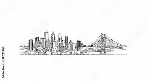 Hand-drawn sketch of a city skyline with a suspension bridge