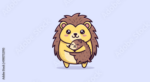 Adorable cartoon hedgehog mother lovingly hugging her baby, isolated.